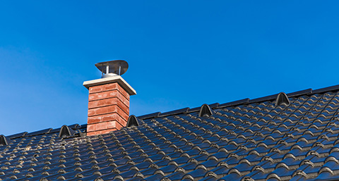 a chimney on a black laid roof with a guard spouting out the top