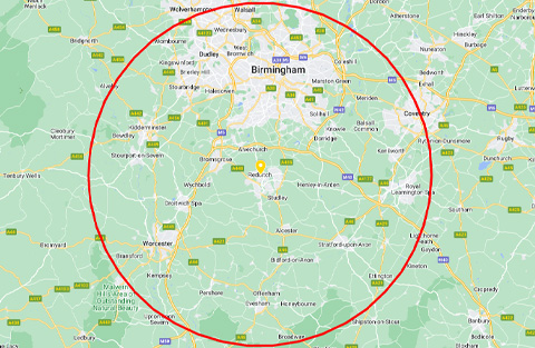 A  map showing a 10-mile radius around Reddich, with a red area on Birmingham