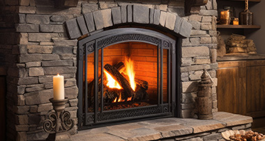 a lid fireplace installed into a rustic brick place with candles burning in front