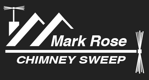 the logo for Mark Rose Chimney Sweep with chimney cleaning brooms represented near roofs 